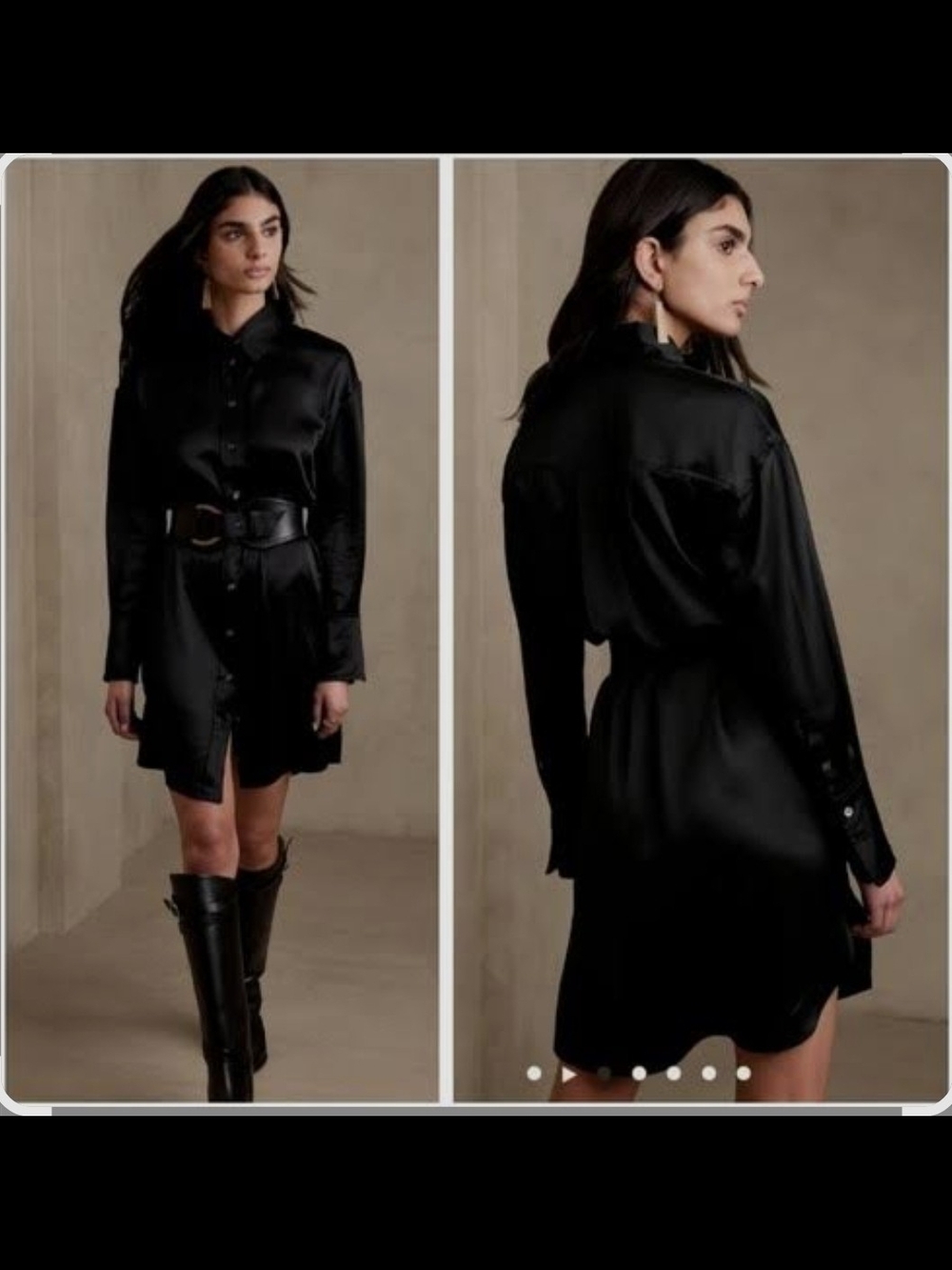 Banana Republic Black Satin Long-Sleeve Shirt Dress